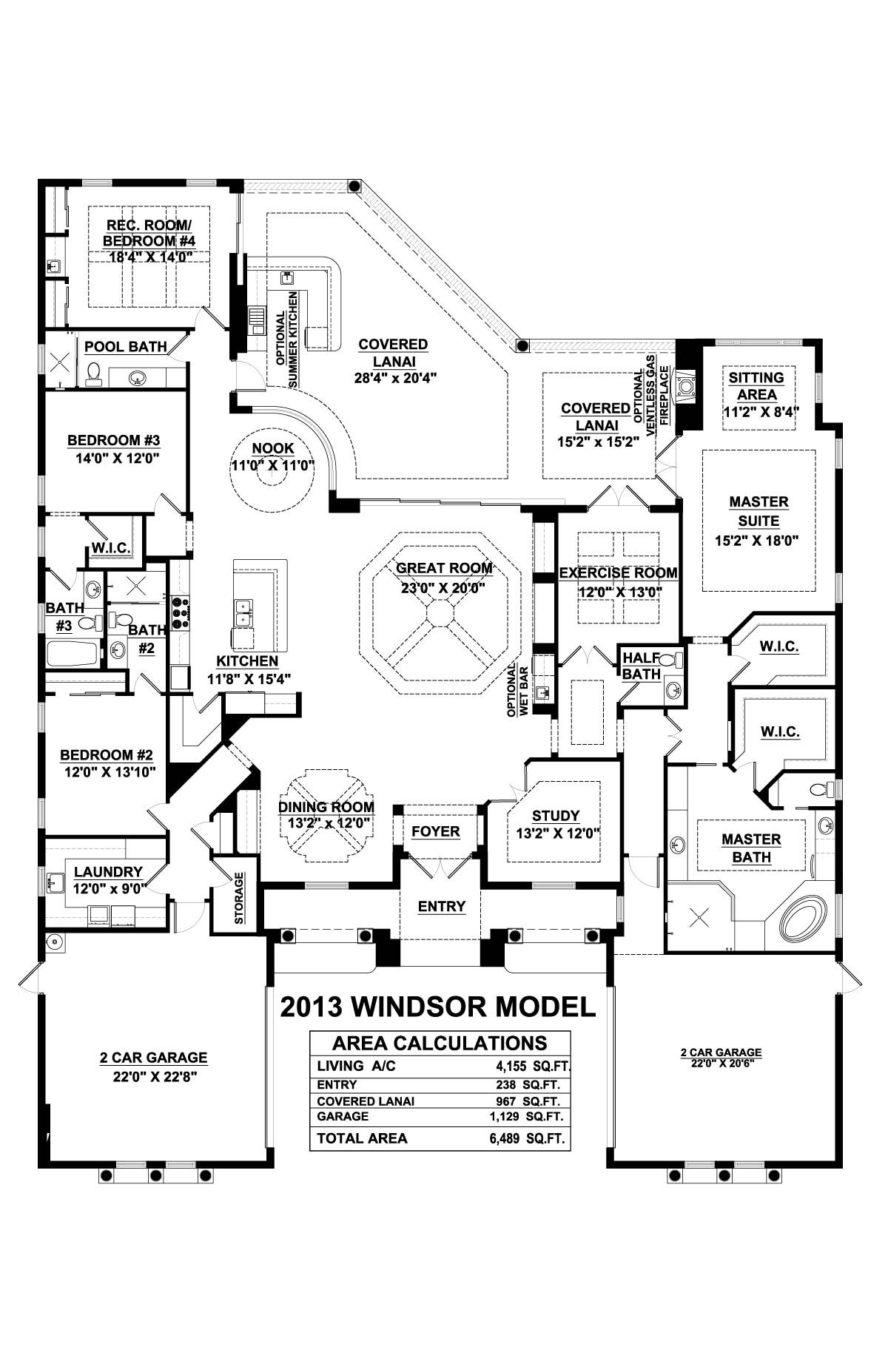 Windsor Floor Plan in Lakoya, Stock Construction, 4 bedroom, 4 1/2 bath, great room, exercise room, study, dining room, dinette, Split 4-car garage